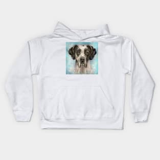 Chaotic Painting of a Black and White Great Dane on a Light Blue Background Kids Hoodie